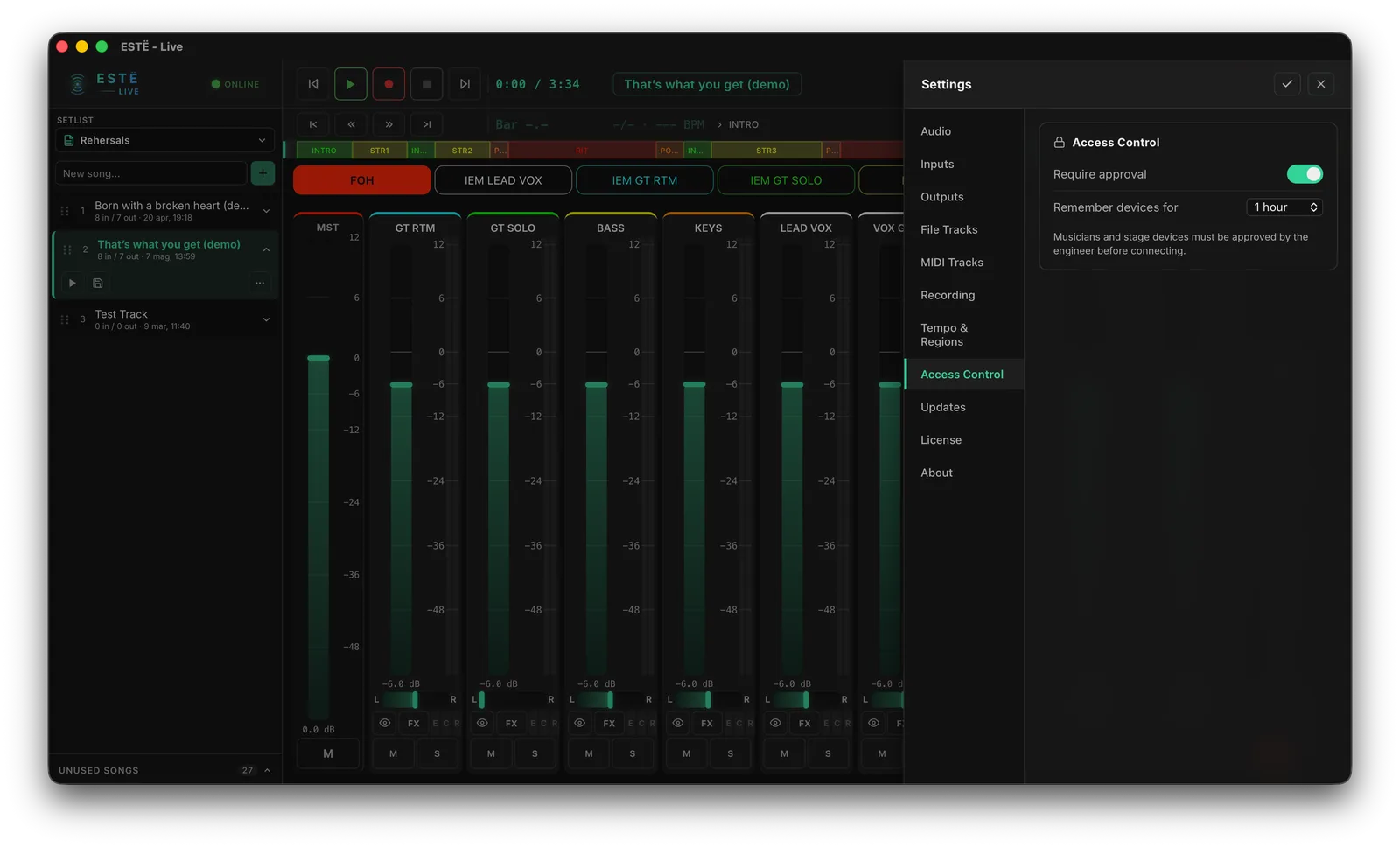 ESTË - LIVE access control — engineer approving a musician device connection request