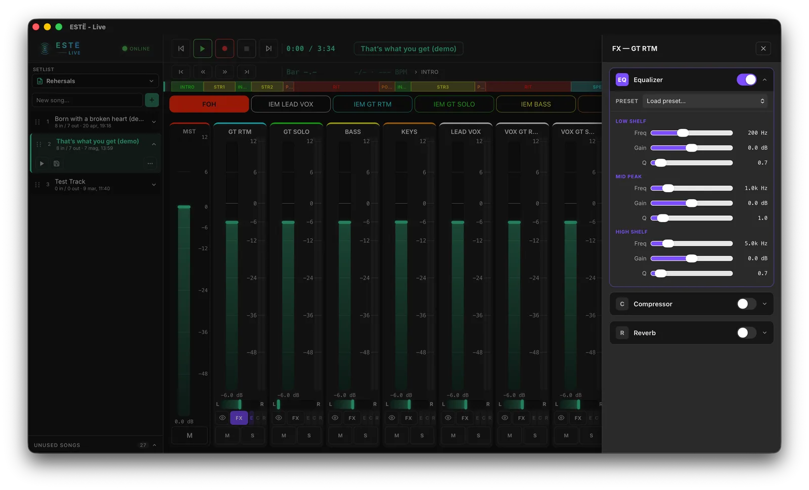 ESTË - LIVE effects panel — parametric EQ, compressor, and reverb on a channel strip