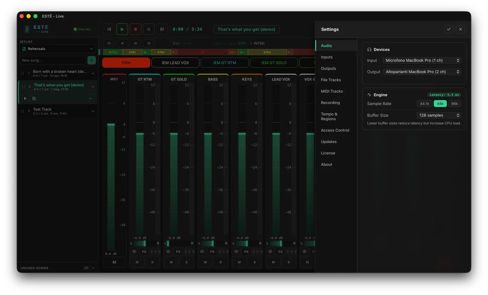 ESTË - LIVE settings — audio device, I/O mapping, and session configuration