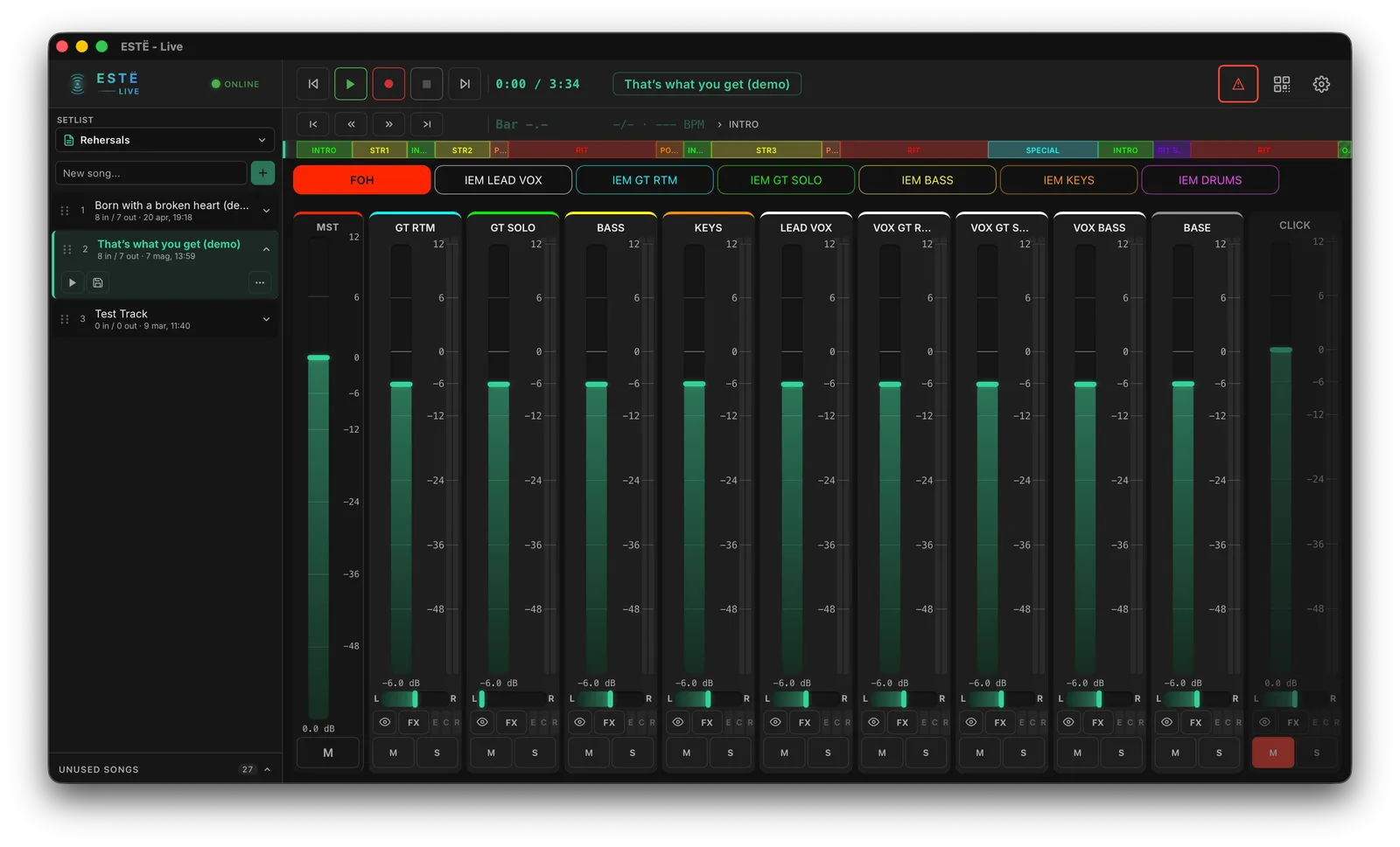 ESTË - LIVE engineer view — mixer with channel strips, meters, faders, transport controls, and song regions