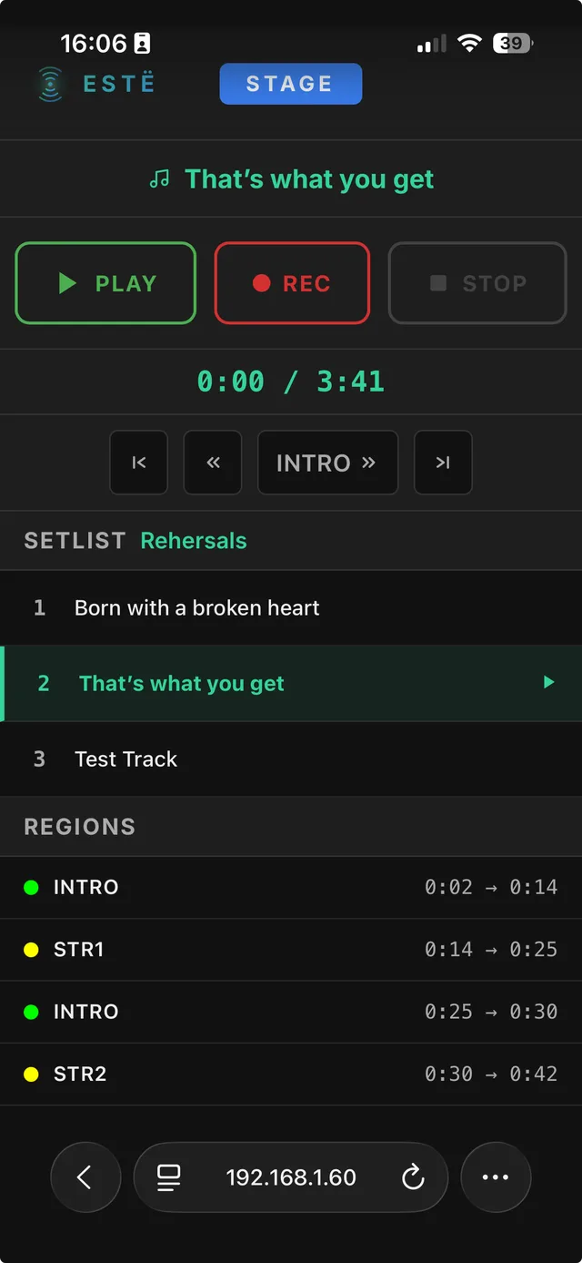 ESTË - LIVE stage view — transport controls and song regions timeline