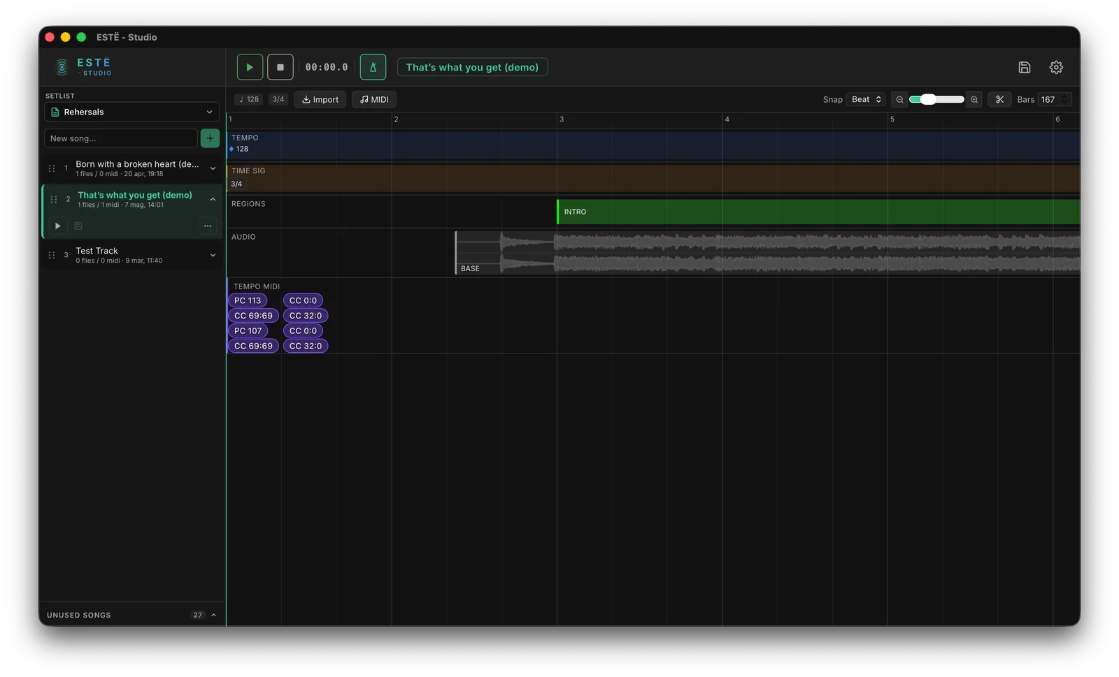 ESTË - STUDIO: timeline editor with audio clips, tempo, regions, and MIDI tracks